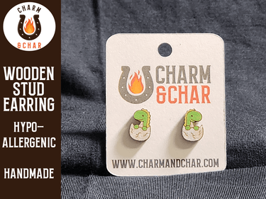 Baby Dinosaur in Egg Wood Stud Earrings - Dinosaur Fashion Earring